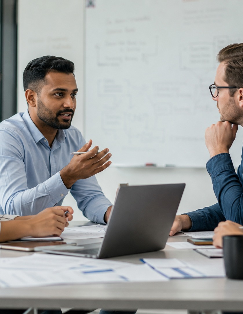 mAInfact in gesprek over een AI-oplossing met procesanalyse op het whiteboard